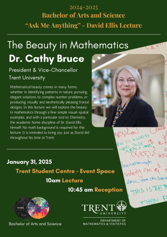 Poster with photo of guest speaker and short description of talk, green background with gold and white text