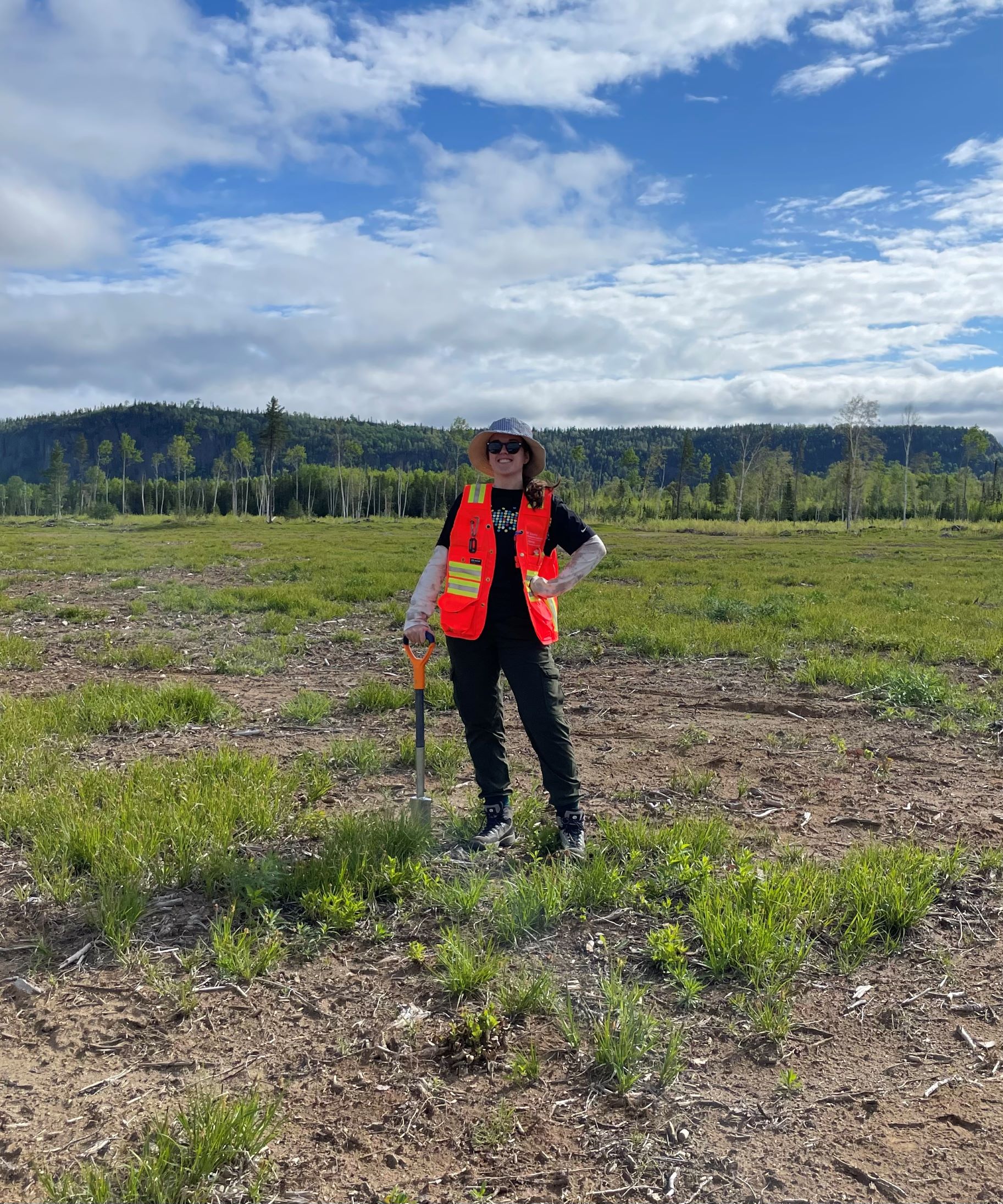 Student with shovel in a cleared forestry landscape