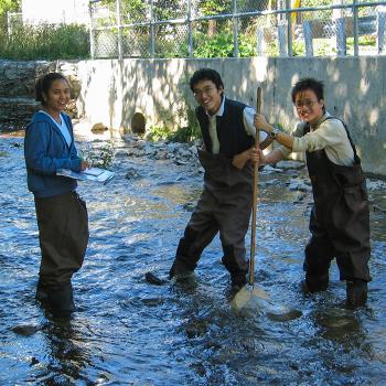 3 students standing in a river in waders smiling at the caemra in the summer shade