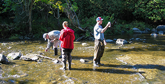 3 students standing in a river with waders on, collecting samples with bottles