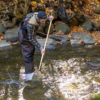 2 male students standing in waders in a river collecting samples in the fall shade