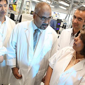 A group of researchers in white lab coats discussing their research.