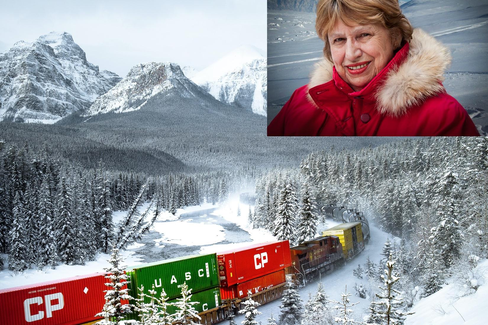 freight train travelling through northern winter landscape with inset image of Caucasian woman in arctic landscape wearing bright red parka