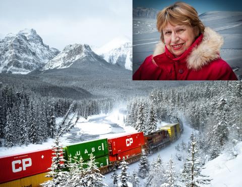 freight train travelling through northern winter landscape with inset image of Caucasian woman in arctic landscape wearing bright red parka