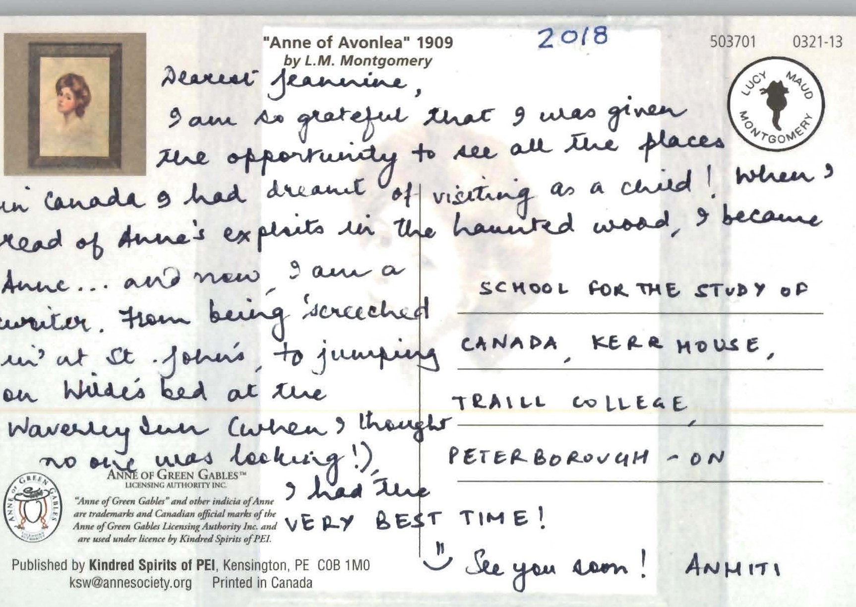 Written message on postcard showing original cover of Anne of Avonlea