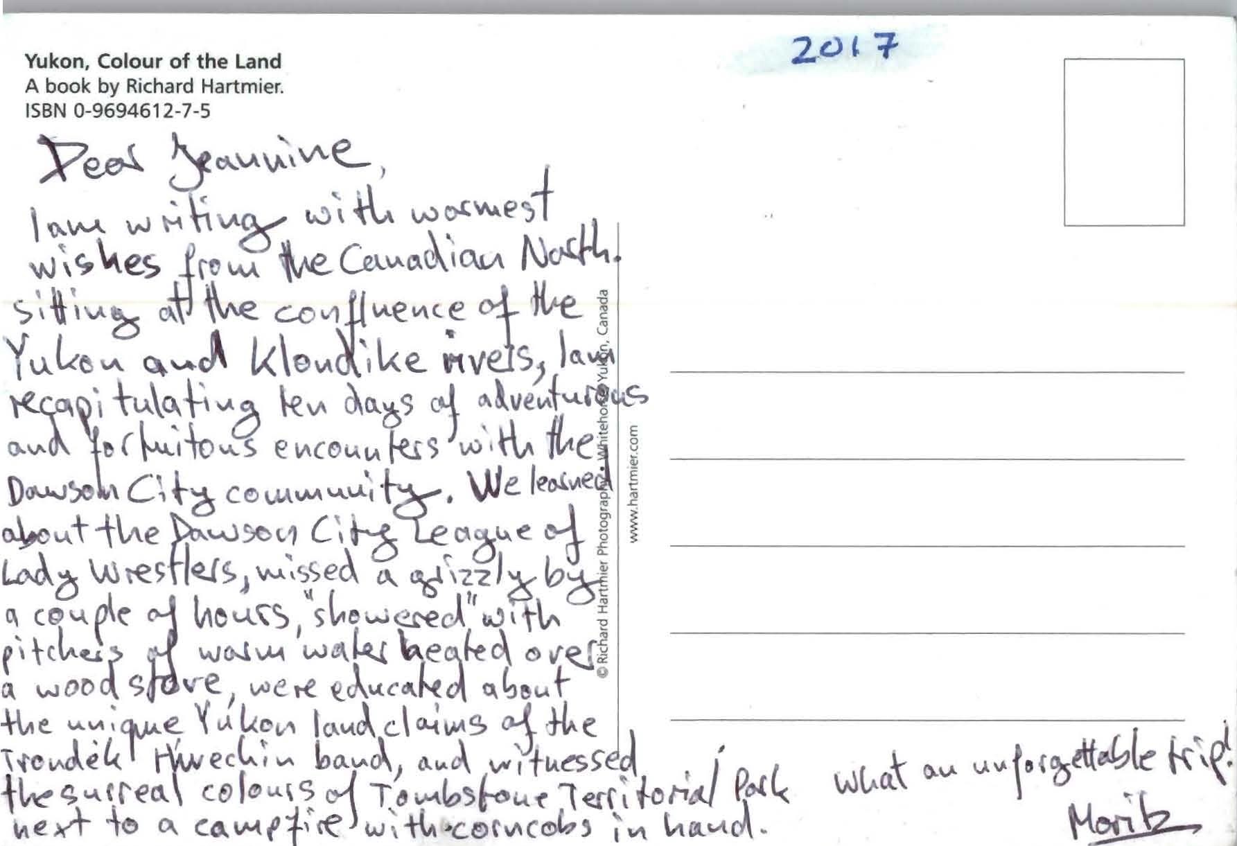 Written message on postcard from Yukon