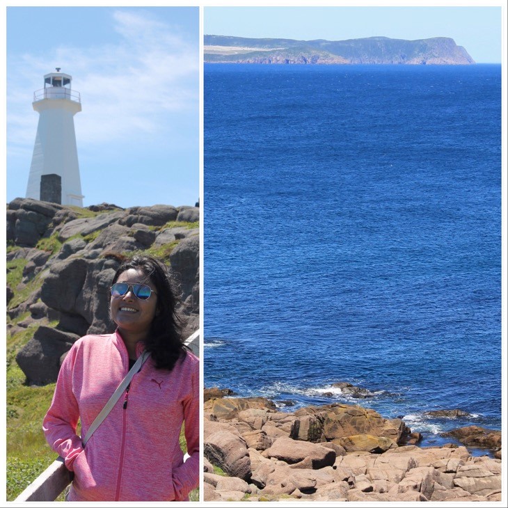 Montage smiling person standing in front of lighthouse; rocky shoreline to ocean with headland in the distance