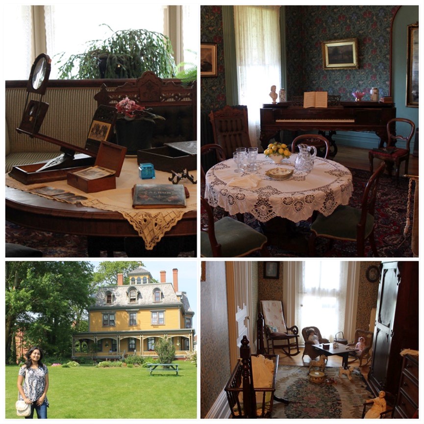 Montage of photos of historical house interiors with one person standing in front of yellow painted Victorian house