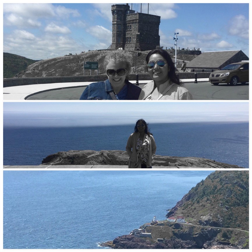 Montage: two people in parking lot overlooking old citadel, Atlantic ocean, ocean and shore hill with isolated lighthouse