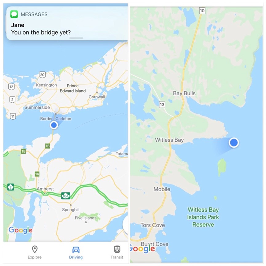 Two Google Maps screenshots of bridge between Nova Scotia & PEI, and of the West Coast of Newfoundland