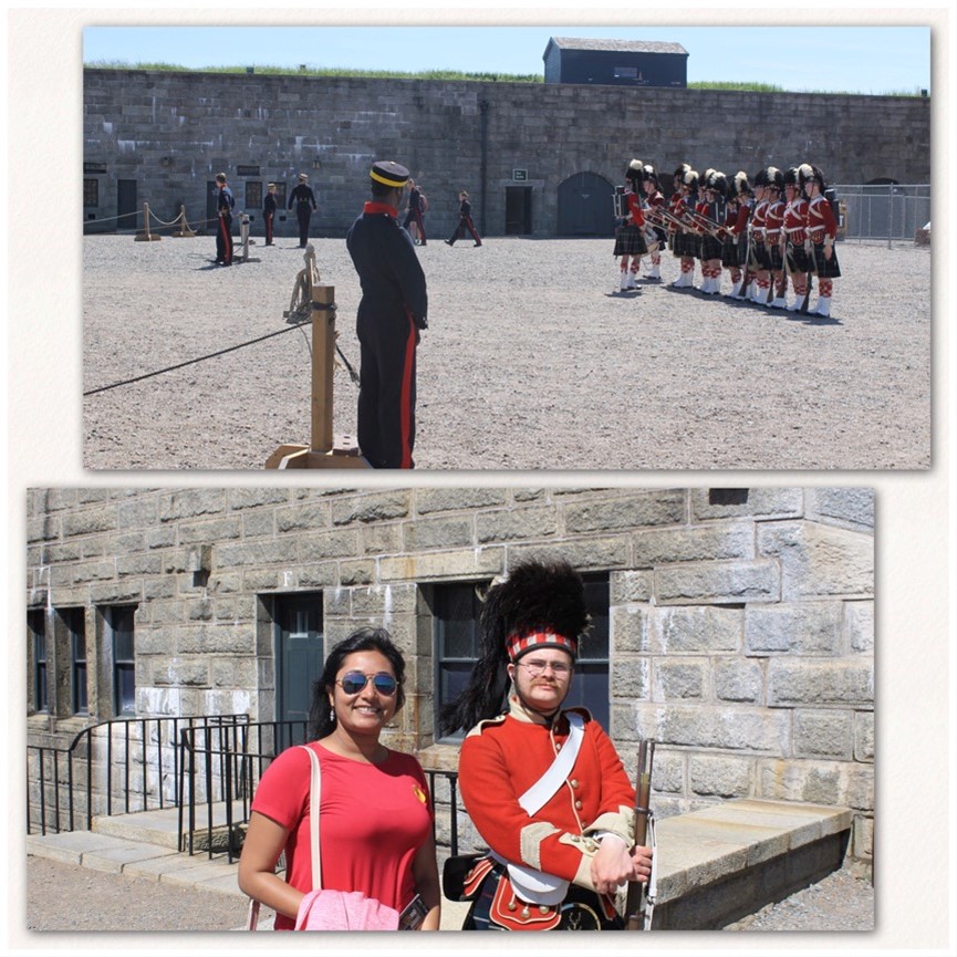 Two images of costumed soldiers at Halifax Citadel, one with smiling non-costumed person