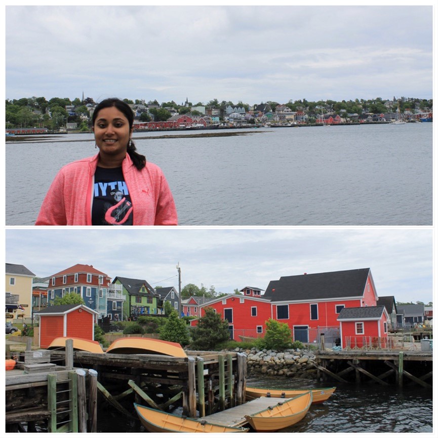Montage of photos standing in front of Lunenburg with colourful boats docked in front of brightly painted houses