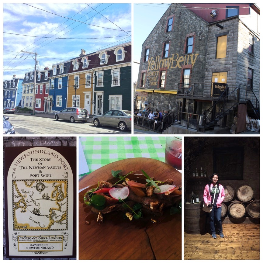 Montage: brightly painted row houses, old building housing b...t, plate of salad, person standing in celler by whisky kegs