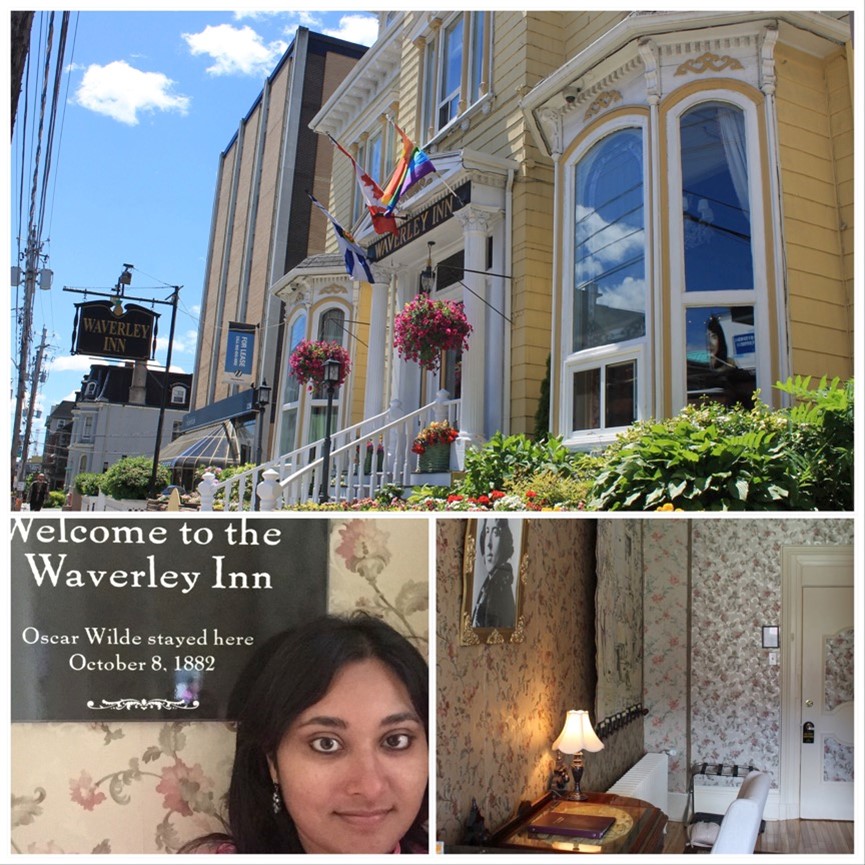 Montage of photos of old inn, interior shot of room, interior of sign with person in front of it