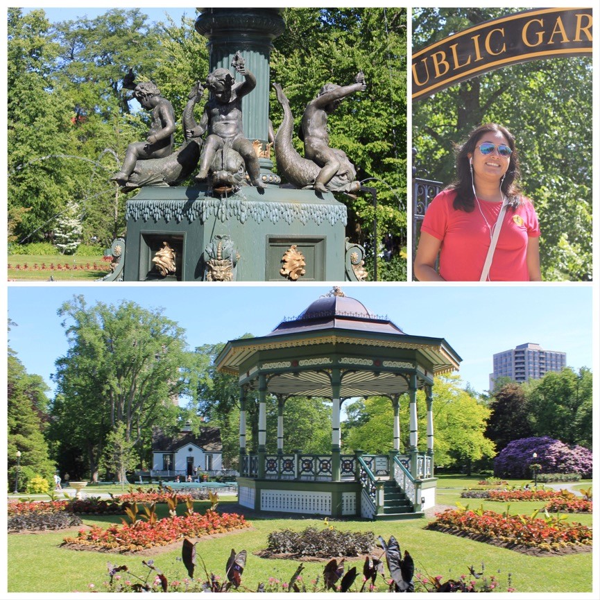 Montage of photos of gazebo and fountains of landscaped public garden in summer