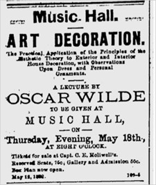 1882 newspaper clipping announcing lecture by Oscar Wilde