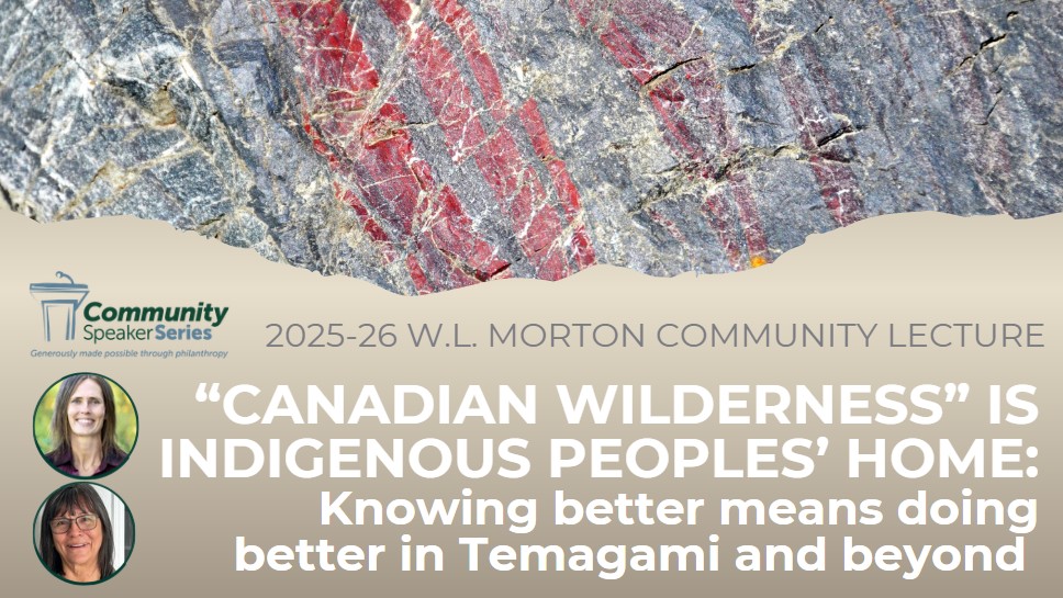 banner for community event with rock face and head photos of two speakers