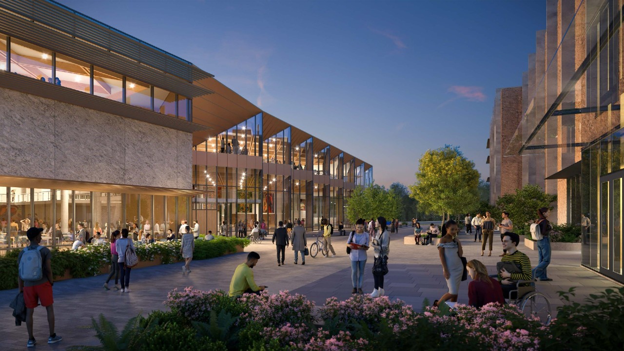 A rendering of the walkway between Gidigaa Migizi College and Otonabee College