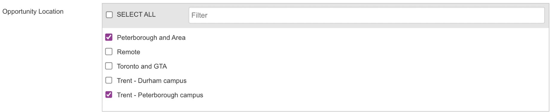Screen shot of Opportunity Location under Advanced Search with Peterborough and Area and Trent - Peterborough campus box selected.