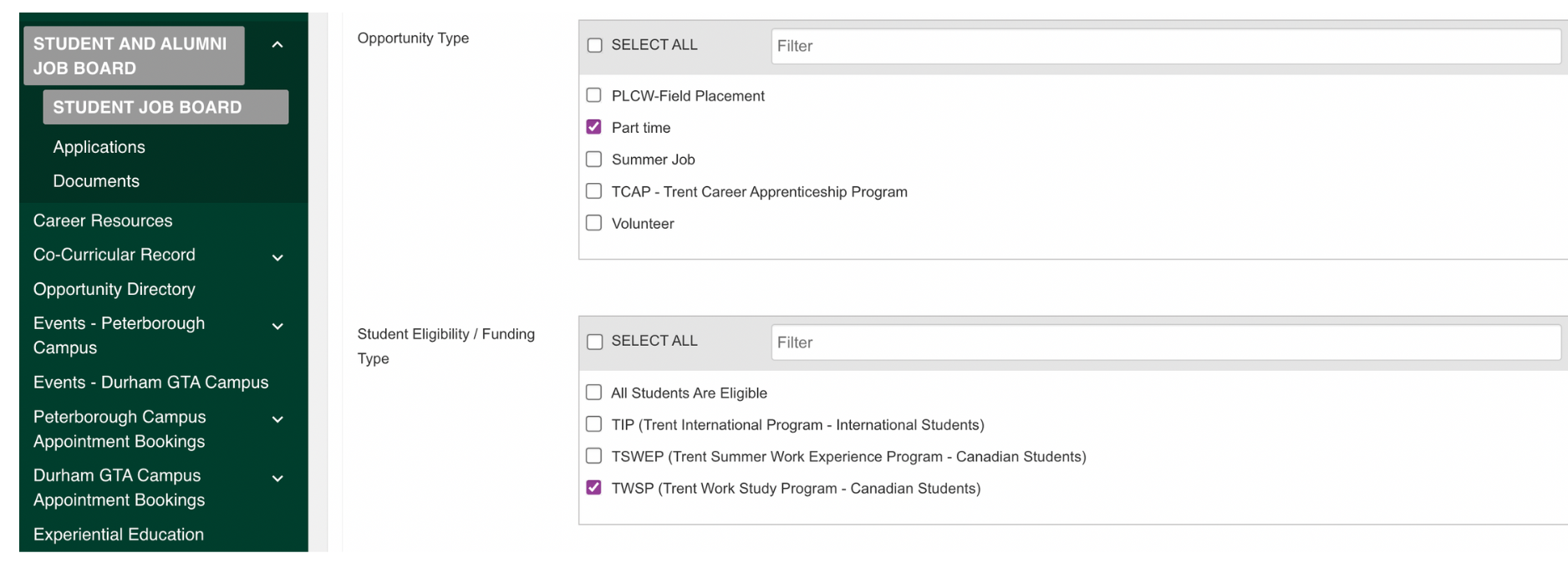 Screen shot from Student Experience Portal with Student Eligibility/Funding Type TWSP (Trent Work Study Program - Canadian Students) box selected.