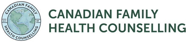 Canadian Family Health Counselling logo featuring a circular globe icon in light blue and green with the words “Canadian Family Health Counselling” around the border, positioned to the left of the organization name “CANADIAN FAMILY HEALTH COUNSELLING” in large dark green uppercase letters.