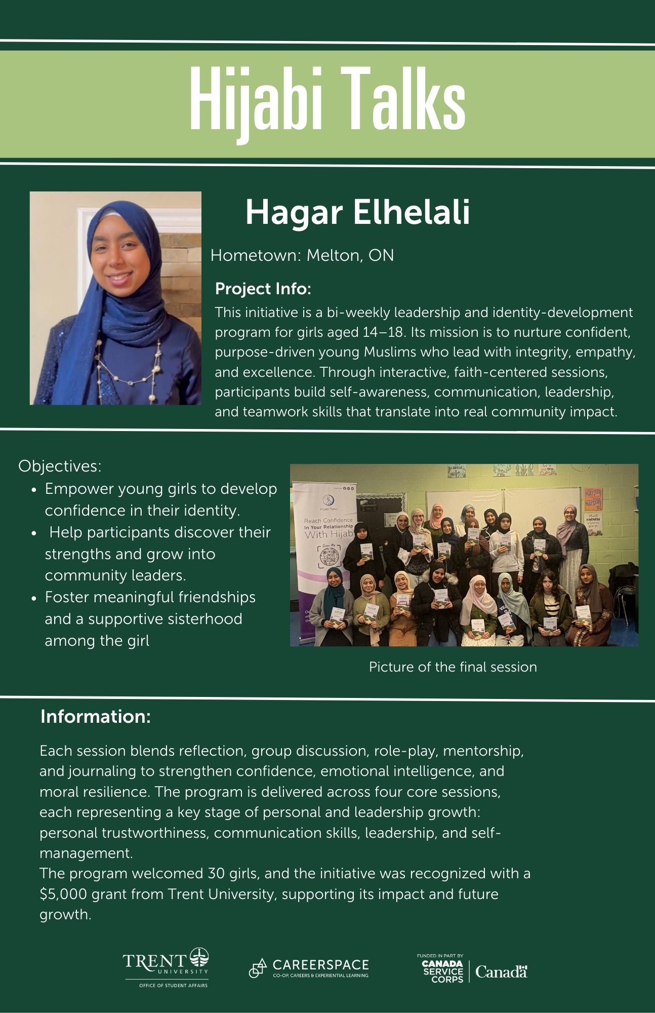 An Impact Microgrant poster titled ‘Hijabi Talks’ describing a bi‑weekly leadership and identity‑development program for Muslim girls aged 14 to 18 that focuses on confidence‑building, mentorship, and community engagement