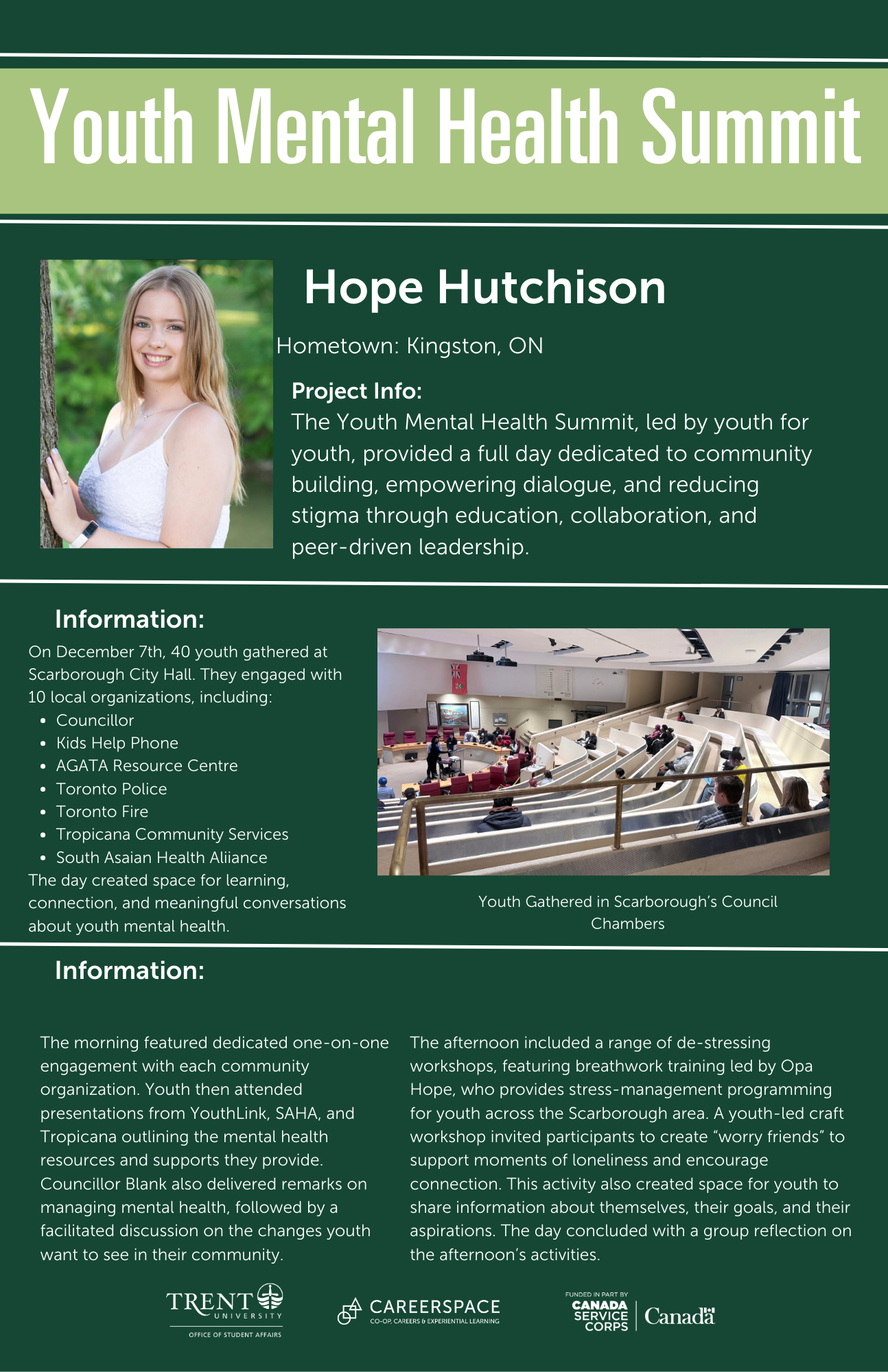 An Impact Microgrant poster titled ‘Youth Mental Health Summit’ describing a youth‑led, full‑day event focused on community building, mental health education, and stigma reduction through peer‑driven dialogue and collaboration.