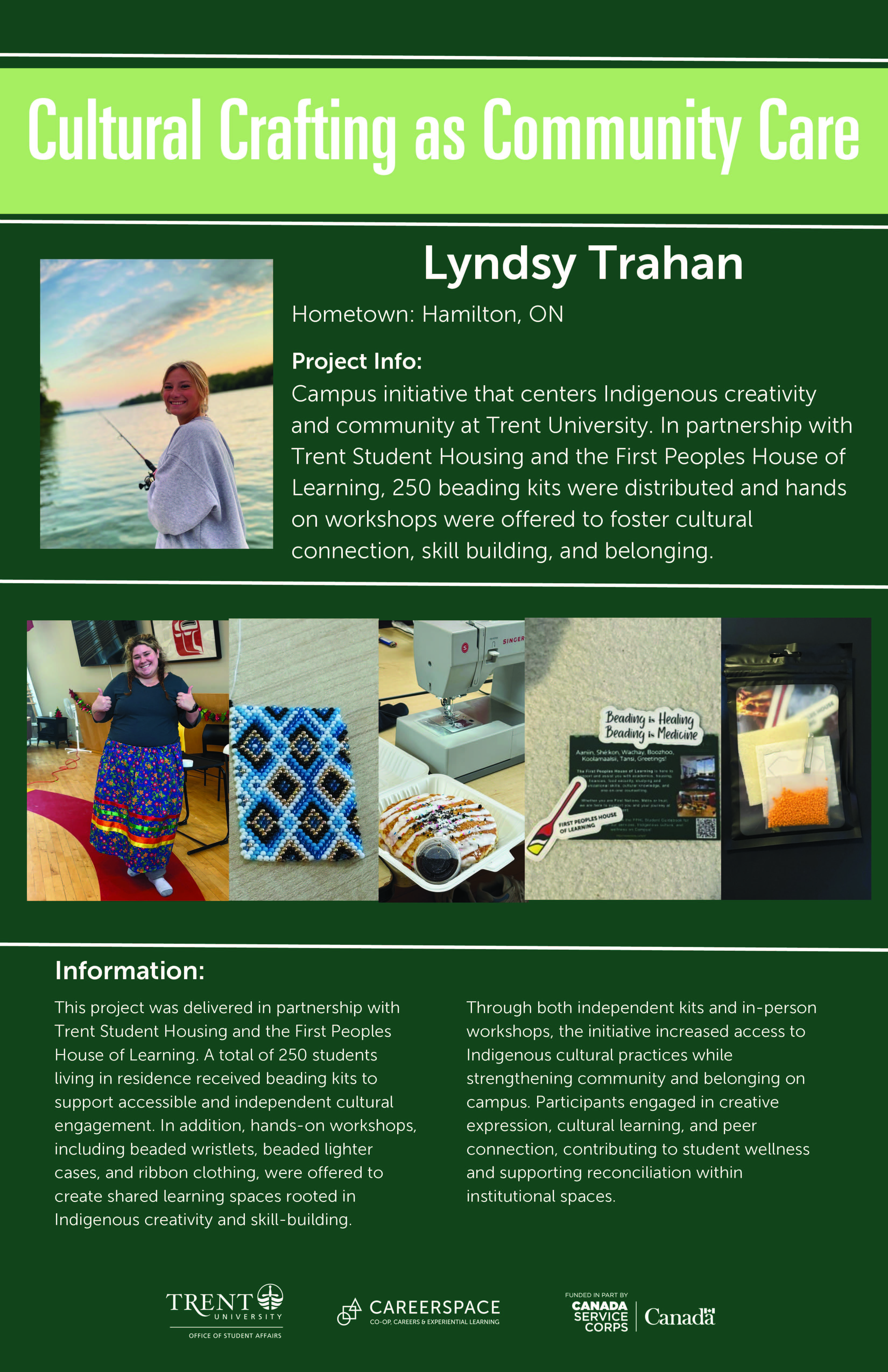 An Impact Microgrant poster titled ‘Cultural Crafting as Community Care’ describing a Trent University initiative that supported Indigenous creativity, cultural connection, and community building through beading kits and hands‑on workshops.