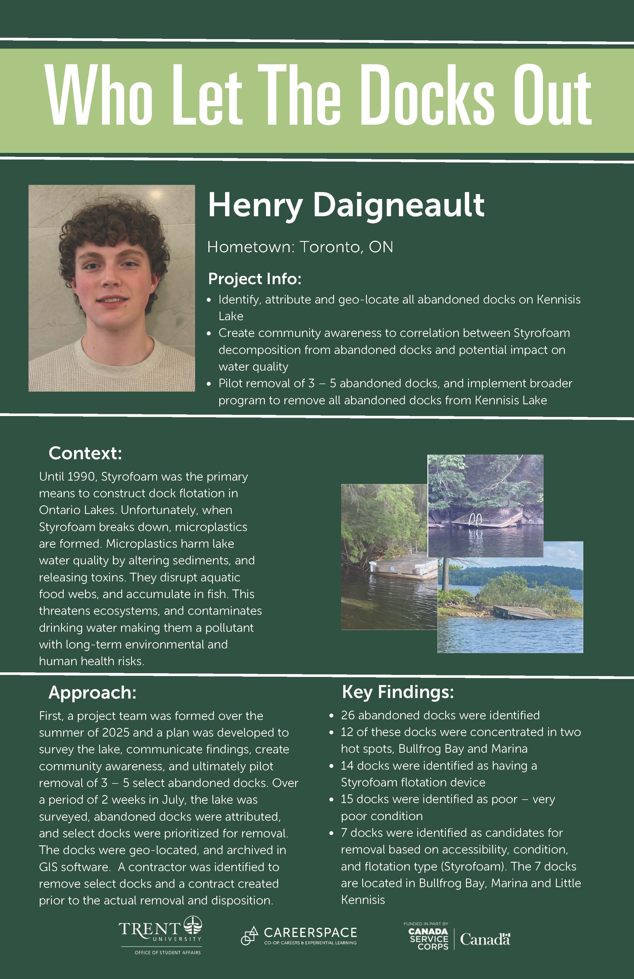An Impact Microgrant poster titled ‘Who Let the Docks Out’ describing a student‑led environmental research project that identified abandoned docks on Kennisis Lake, raised awareness about Styrofoam pollution, and supported dock removal to protect local waterways.