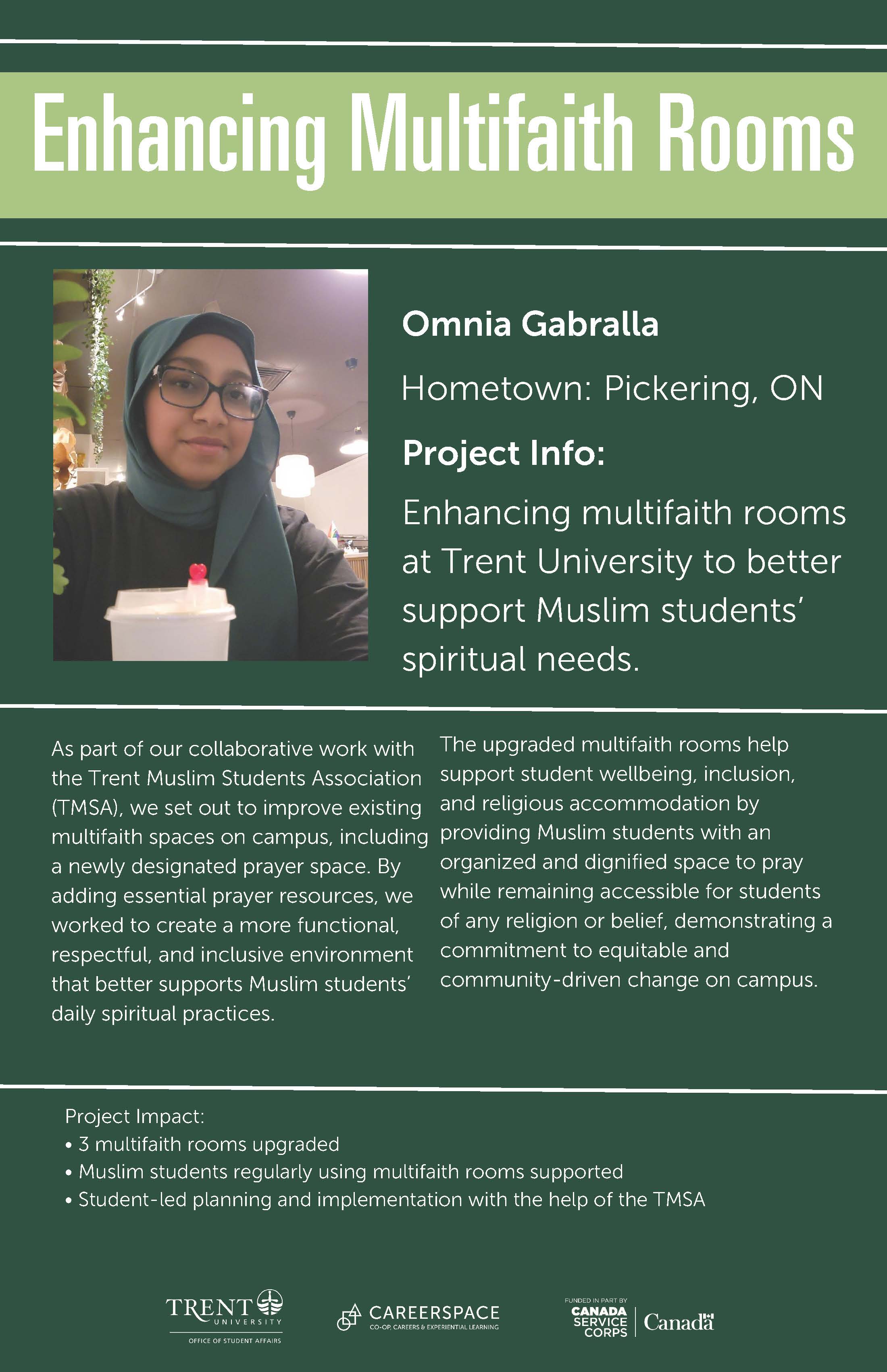 An Impact Microgrant poster titled ‘Enhancing Multifaith Rooms’ describing a student‑led initiative at Trent University to improve multifaith spaces and better support Muslim students’ spiritual needs while maintaining accessibility for all faiths.