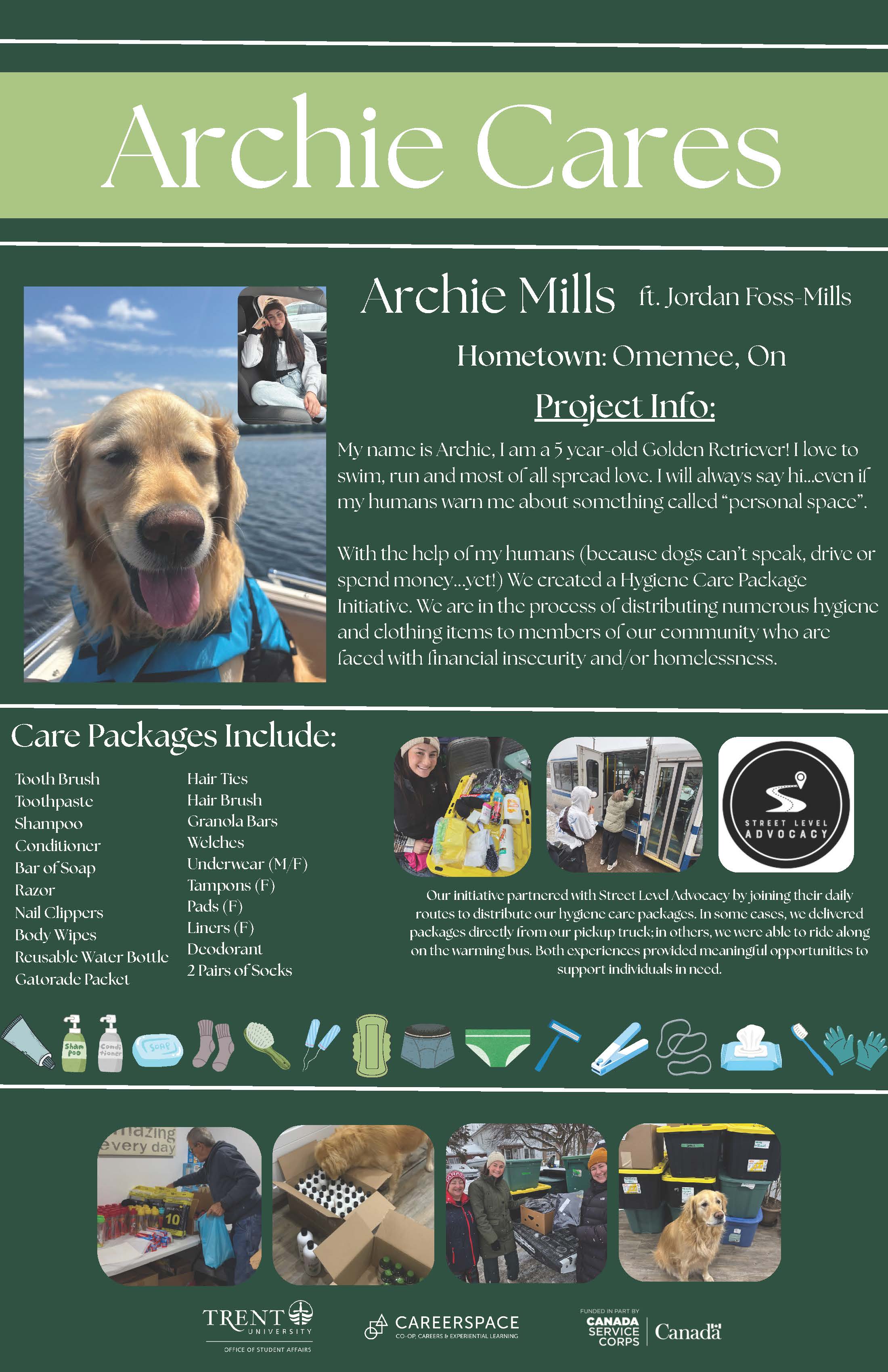 An Impact Microgrant poster titled ‘Archie Cares’ describing a student‑led community care initiative that distributed hygiene care packages to individuals experiencing homelessness or financial insecurity, supported by outreach and volunteer engagement.