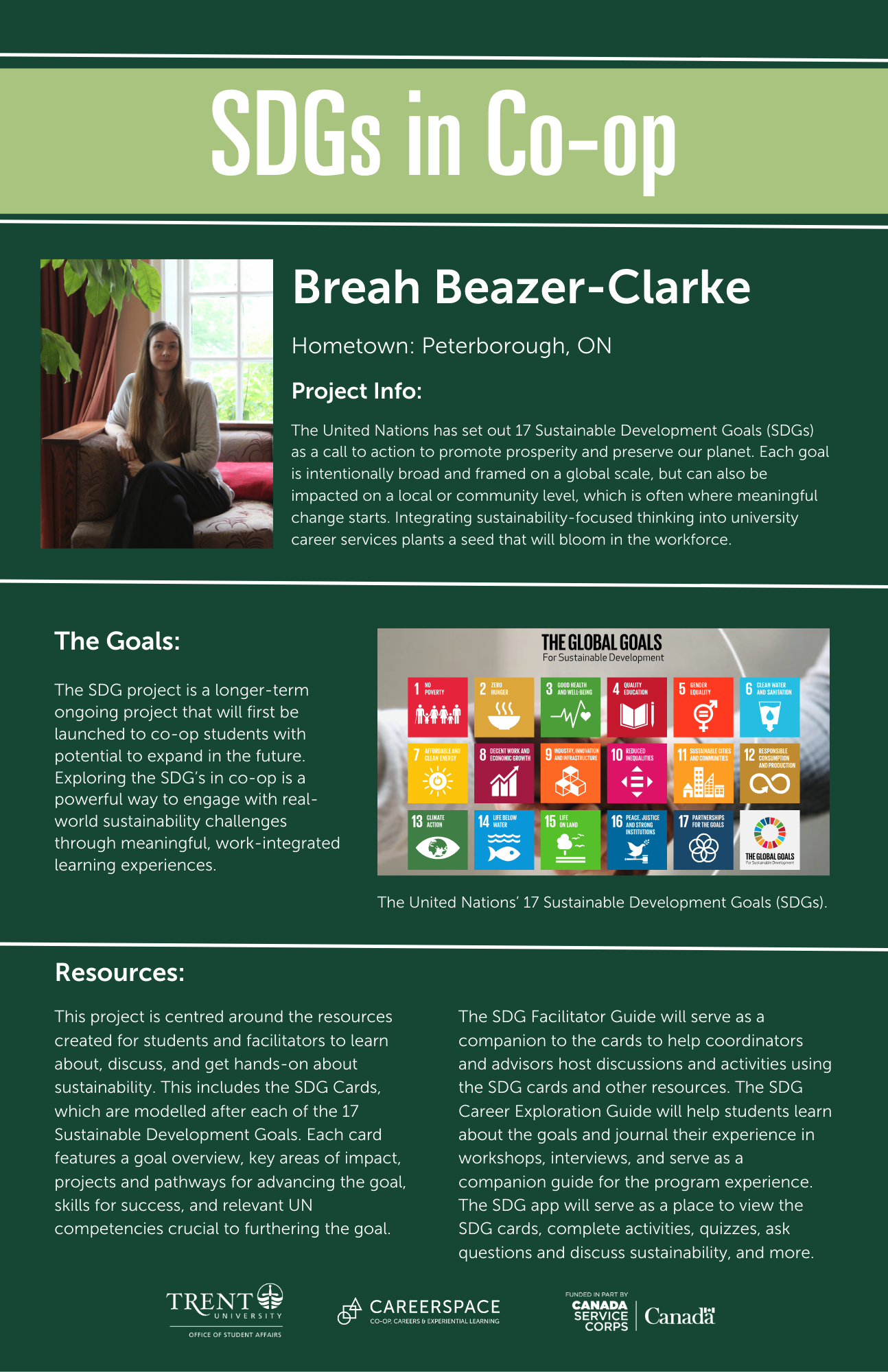 An Impact Microgrant poster titled ‘SDGs in Co‑op’ describing a sustainability‑focused initiative that integrated the United Nations Sustainable Development Goals into co‑op and career‑readiness programming for university students.