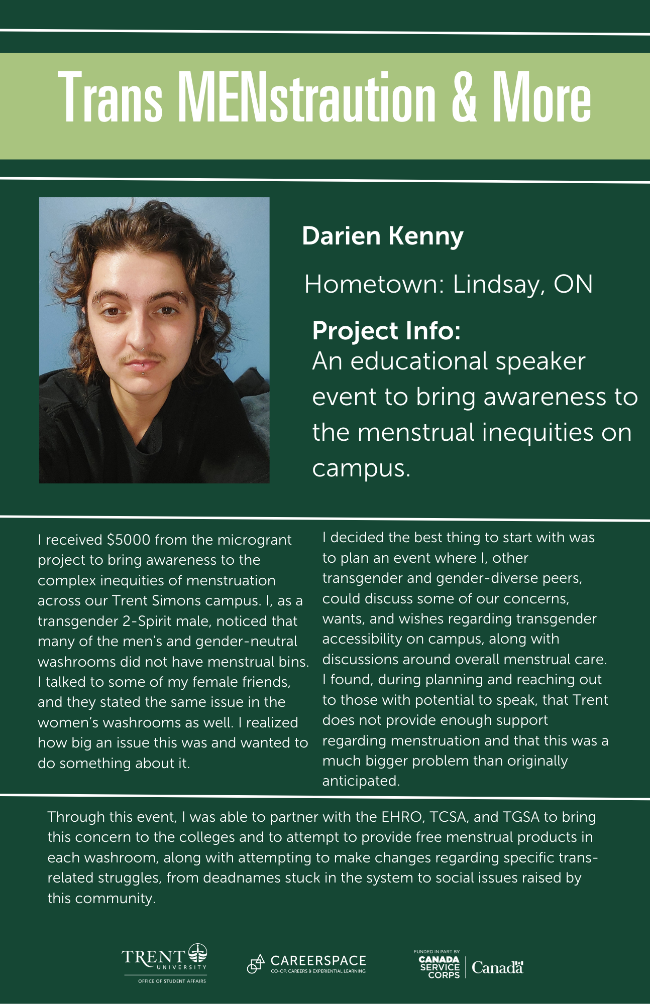 An Impact Microgrant poster titled ‘Trans MENstruation & More’ describing an educational speaker event that addressed menstrual inequities, trans and gender‑diverse experiences, and access to menstrual products on campus.