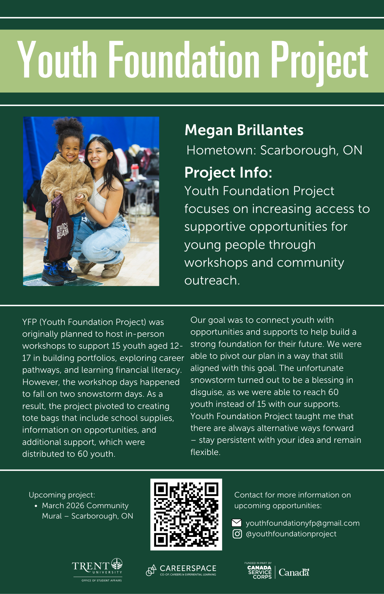 An Impact Microgrant poster titled ‘Youth Foundation Project’ describing a community initiative that increased access to supportive opportunities for young people through workshops, outreach, and the distribution of resource kits.