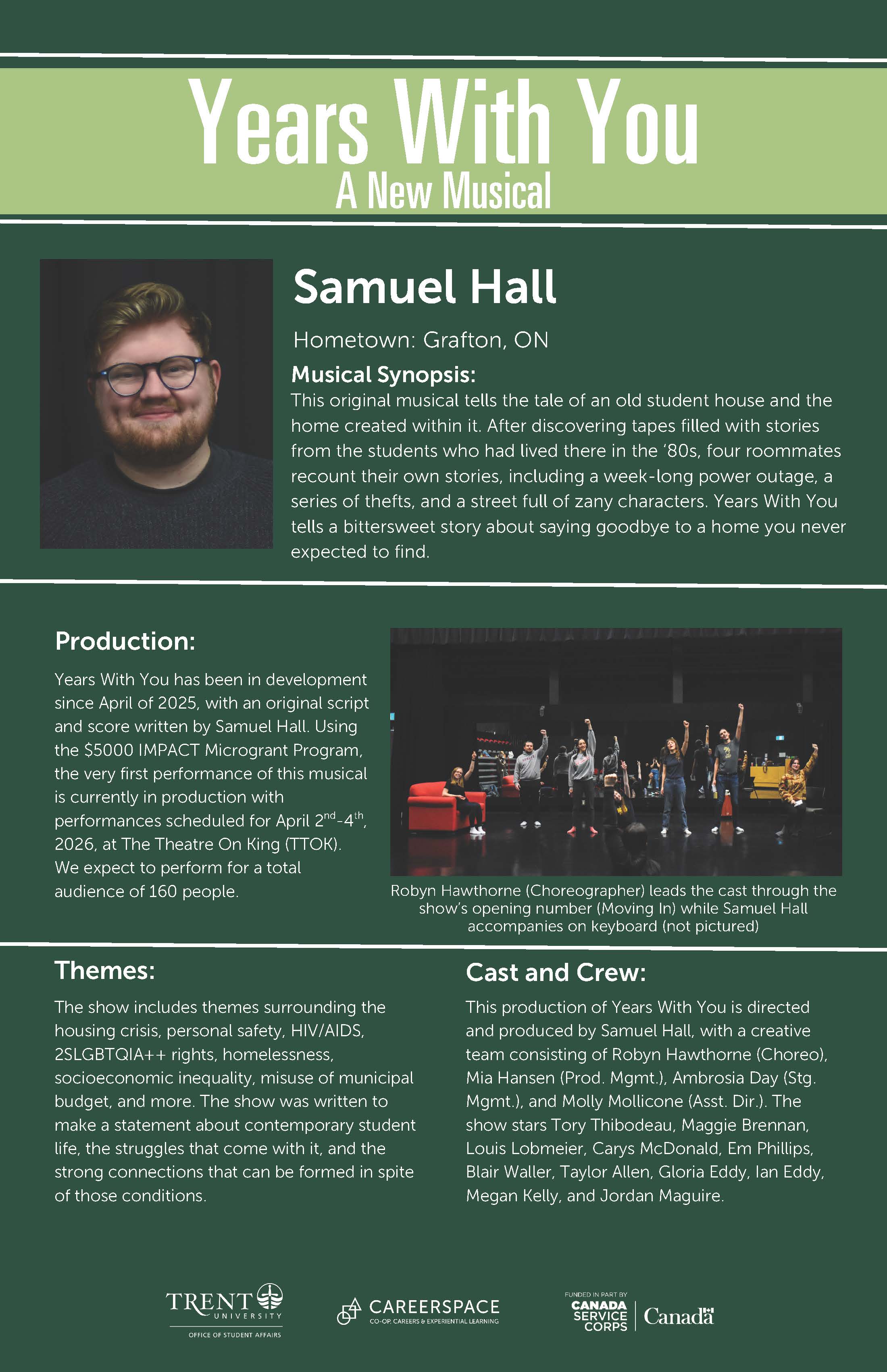 An Impact Microgrant poster titled ‘Years With You: A New Musical’ describing the development and production of an original musical that explores themes of housing insecurity, community, and belonging through student‑led creative work.