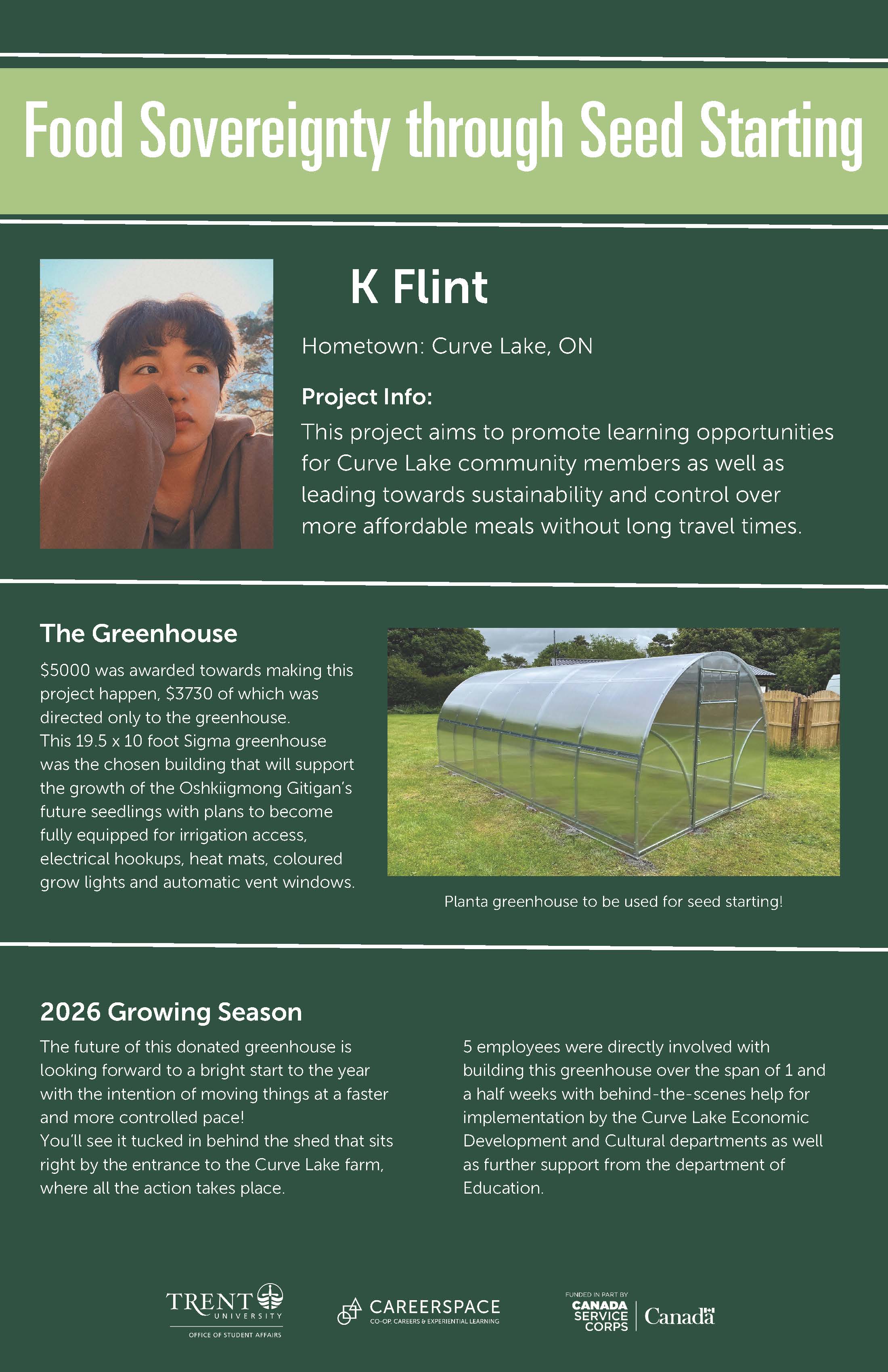 An Impact Microgrant poster titled ‘Food Sovereignty through Seed Starting’ describing a community‑based initiative that supported sustainable food production and seed‑starting education through the construction and use of a community greenhouse.