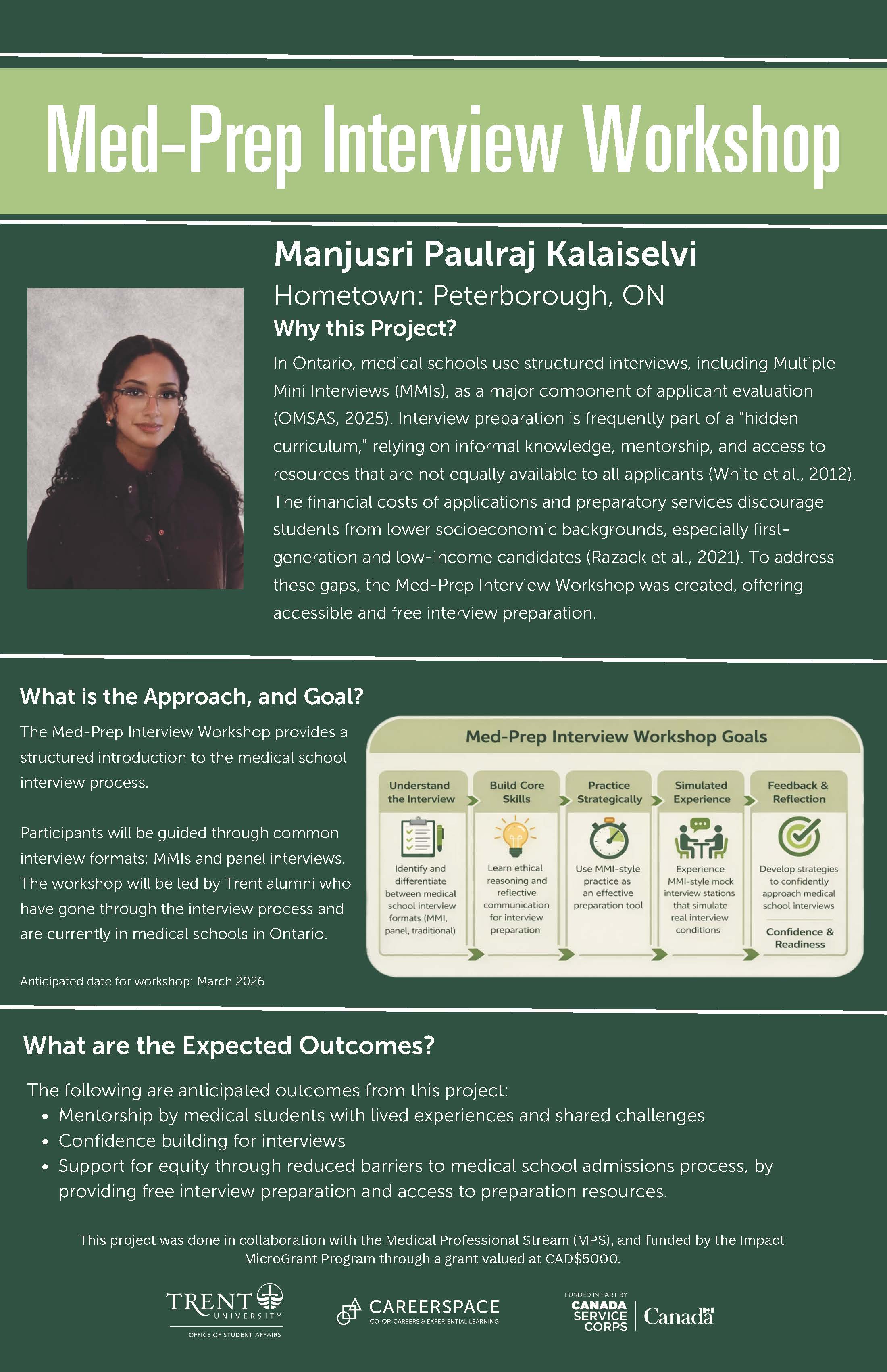 An Impact Microgrant poster titled ‘Med‑Prep Interview Workshop’ describing a Trent University project that provided structured interview preparation workshops to support students applying to medical school