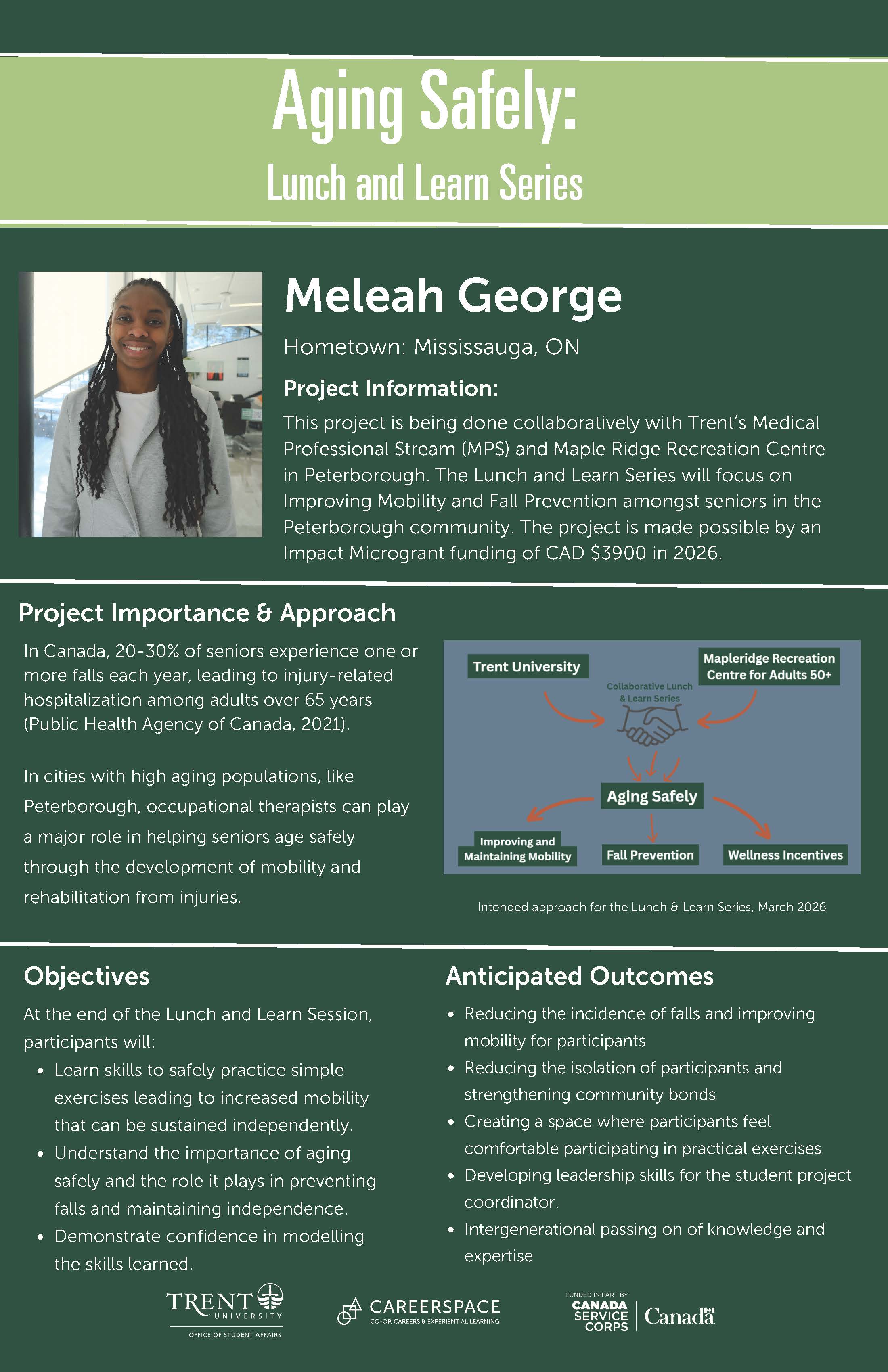 An Impact Microgrant poster titled ‘Aging Safely: Lunch and Learn Series’ describing a collaborative community program focused on improving mobility, fall prevention, and wellness for older adults through educational sessions.