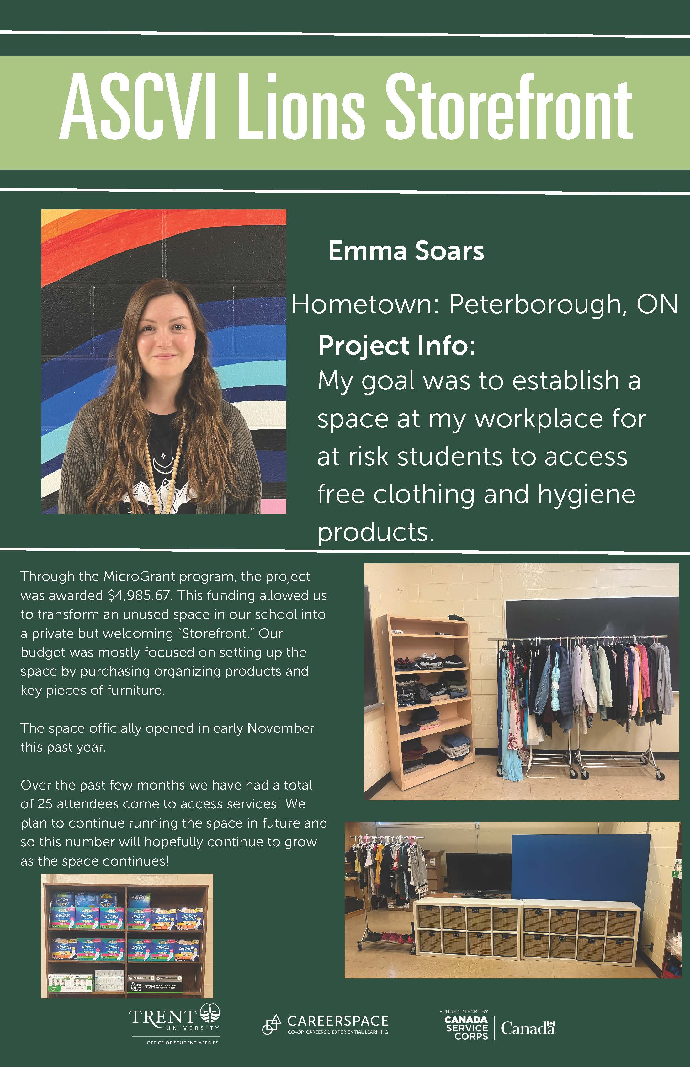 An Impact Microgrant poster titled ‘ASCVI Lions Storefront’ describing a school‑based initiative that created a welcoming space where at‑risk students can access free clothing and hygiene products.