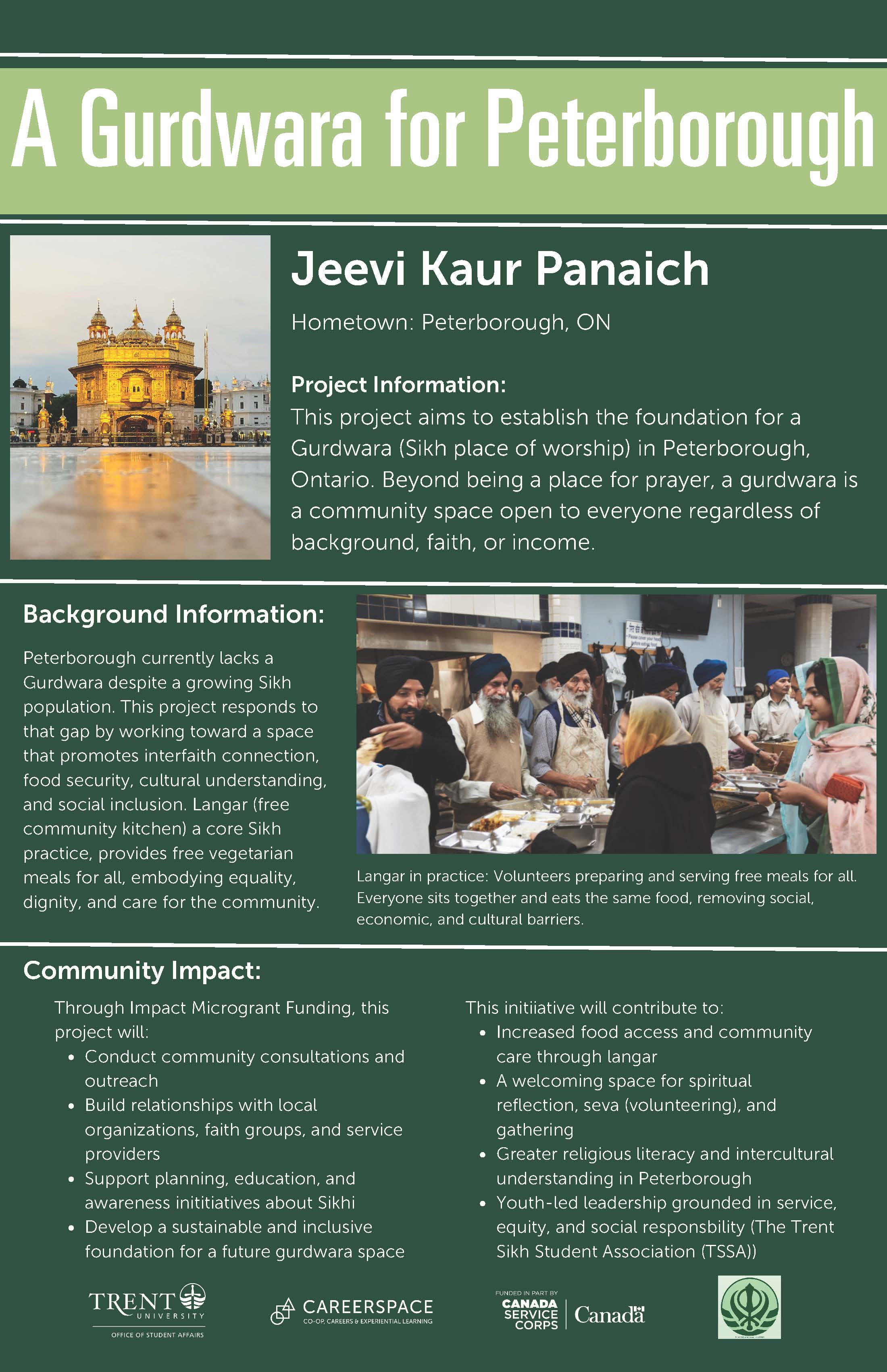 An Impact Microgrant poster titled ‘A Gurdwara for Peterborough’ describing a community‑led initiative to establish the foundation for a Sikh place of worship and community space that supports inclusivity, service, and intercultural connection.