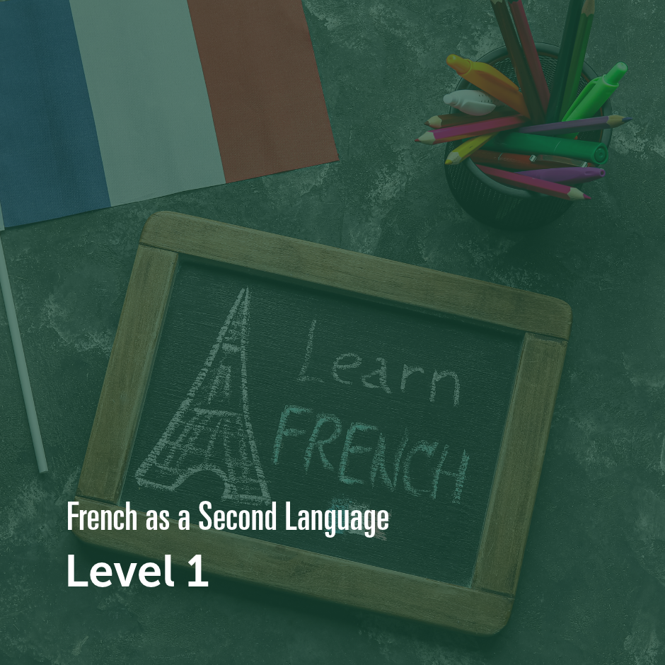 French language learning materials including a chalkboard, French flag, and classroom supplies.