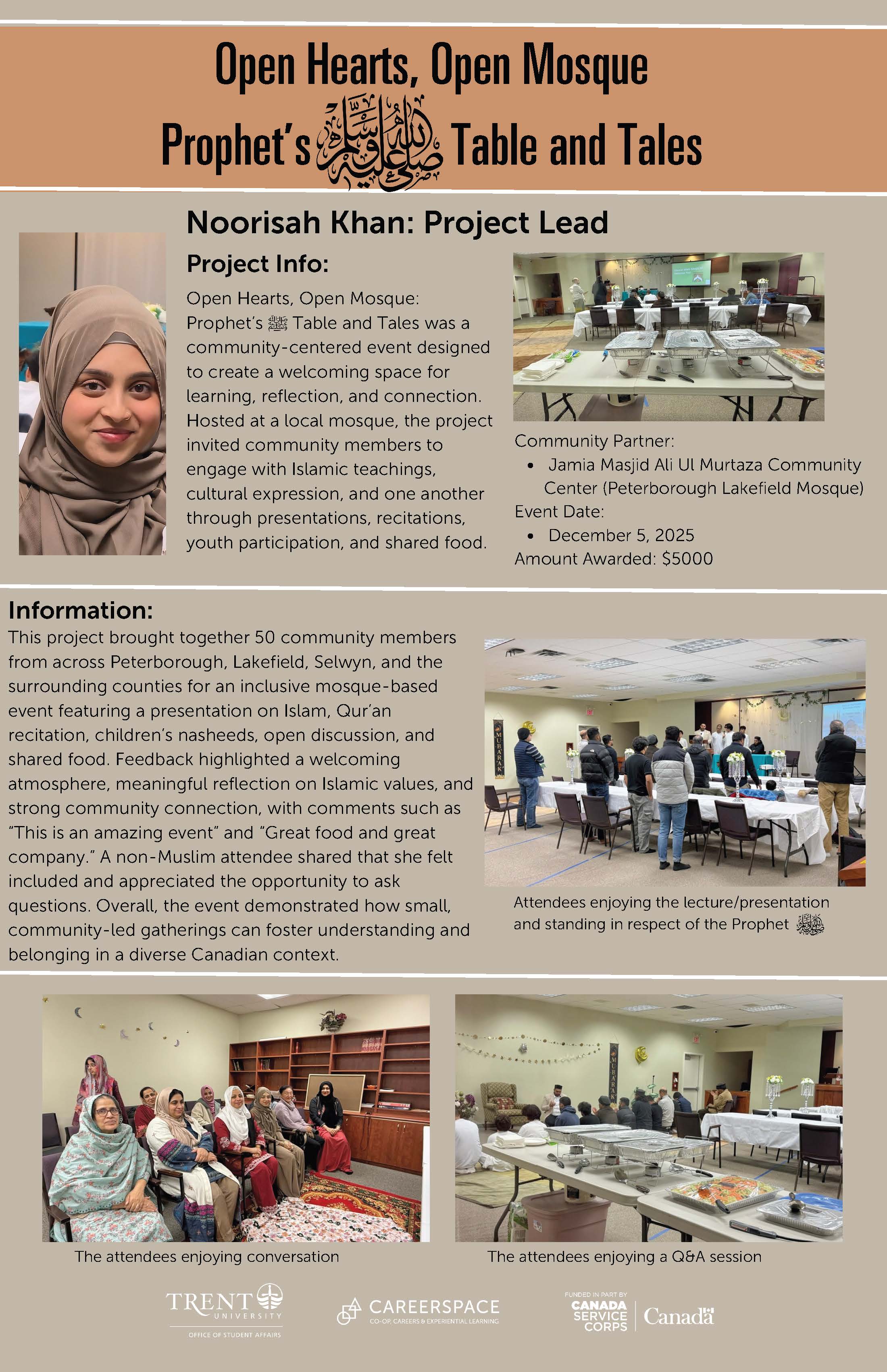 An Impact Microgrant poster titled ‘Open Hearts, Open Mosque: Prophet’s Table and Tales’ describing a community‑centered event that fostered learning, reflection, and intercultural connection through shared food, discussion, and presentations at a local mosque.