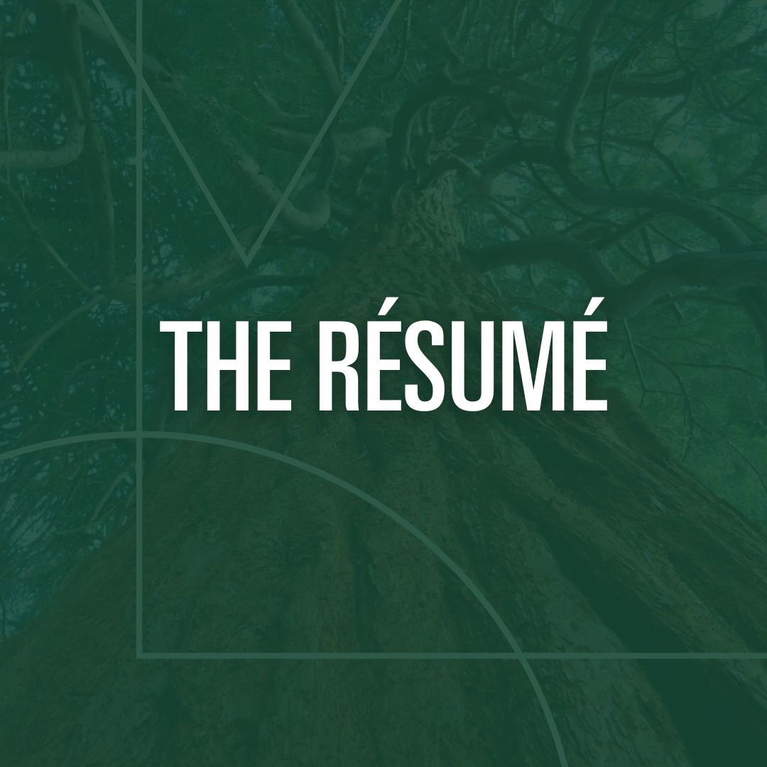 Dark green background featuring an upward view of a large tree trunk with branches spreading out. Overlaid geometric lines frame the image, and bold white text in the center reads ‘THE RÉSUMÉ.