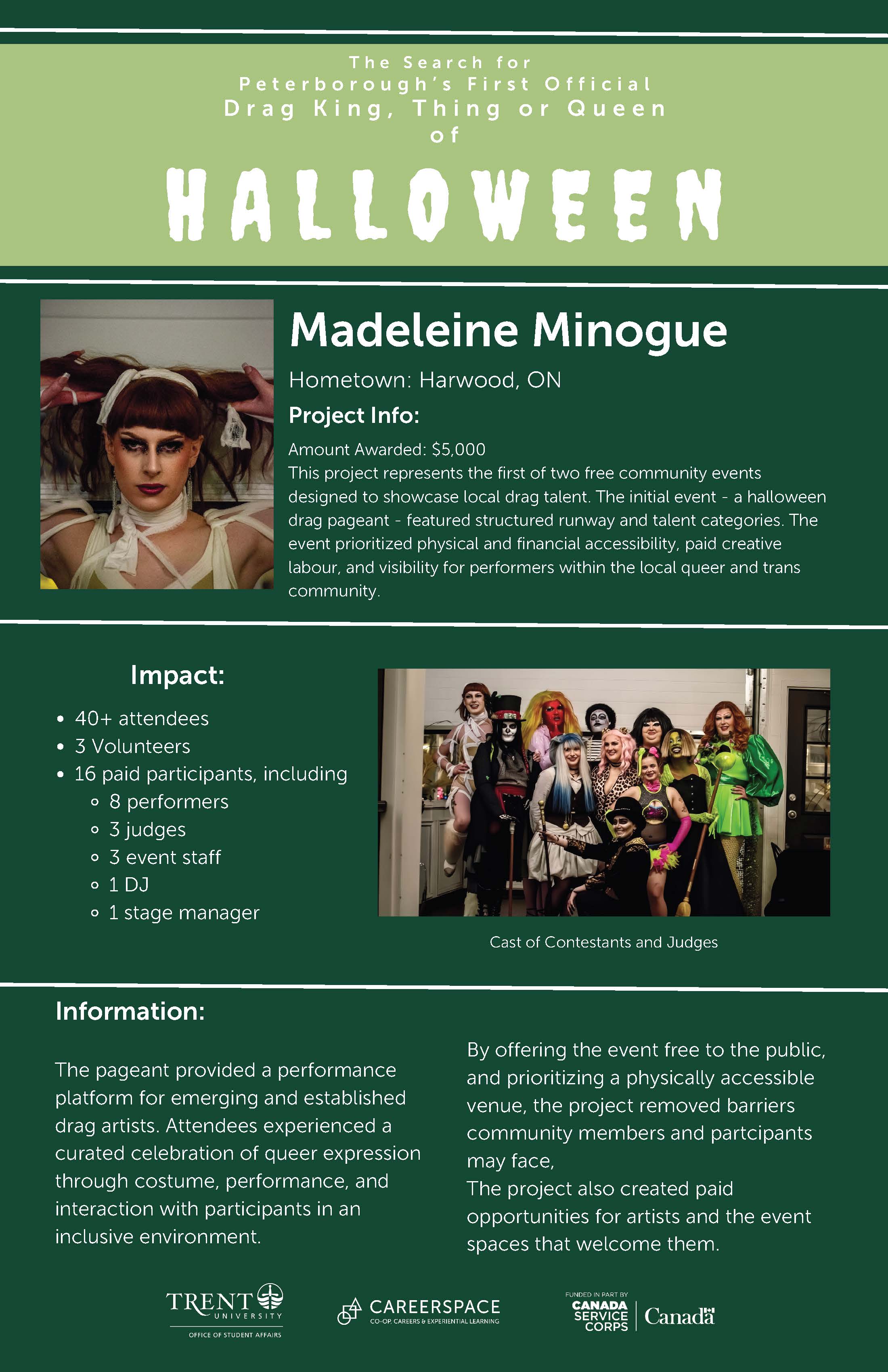 An Impact Microgrant poster titled 'The Search for Peterborough's First Official Drag King, Thing or Queen of Halloween ’ describing a community event that showcased drag talent through a structured, accessible pageant while supporting visibility, inclusion, and paid creative opportunities for local drag performers.