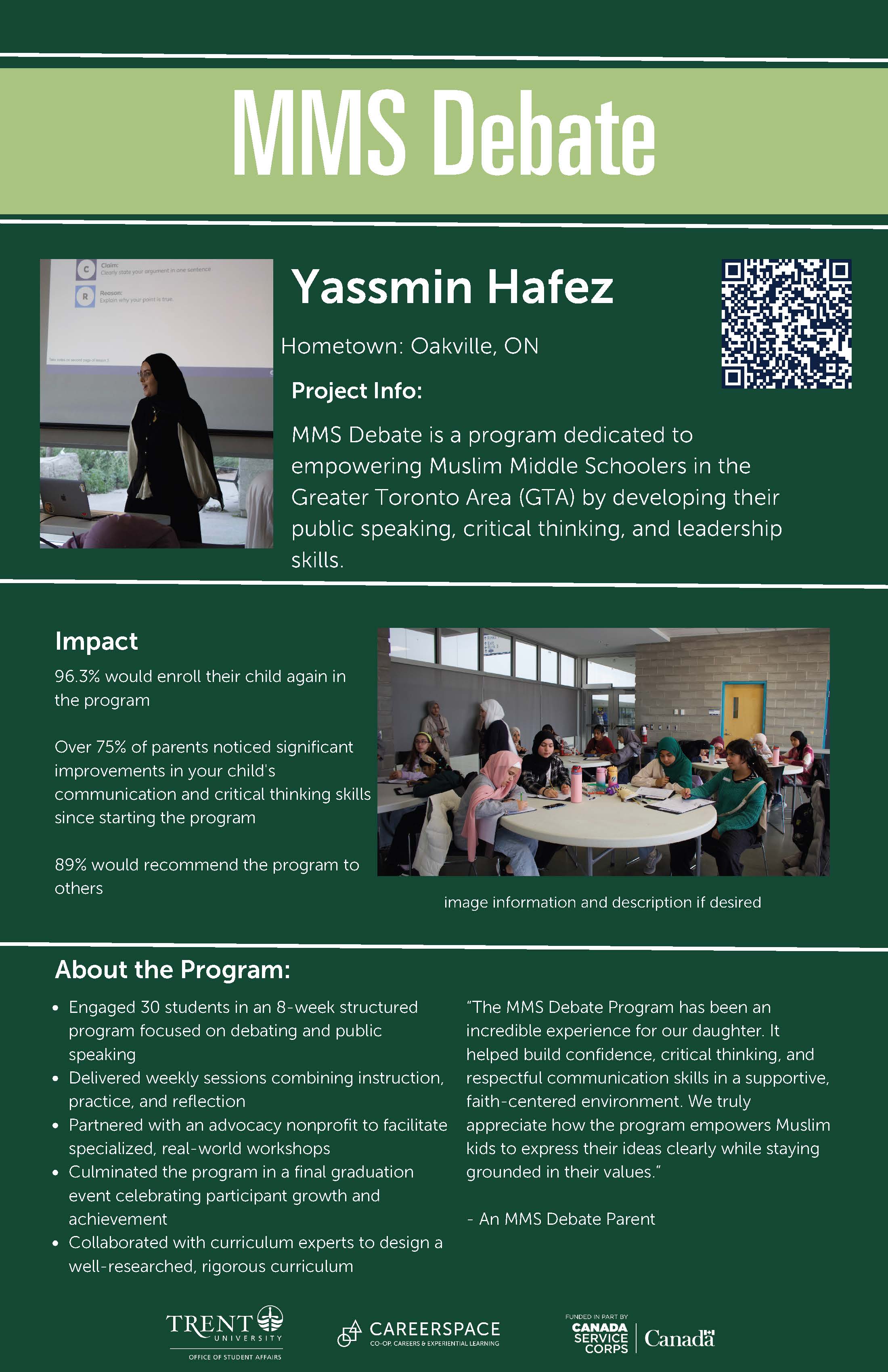 An Impact Microgrant poster titled ‘MMS Debate’ describing an educational program that empowered Muslim middle school students in the Greater Toronto Area by developing public speaking, critical thinking, and leadership skills through structured debate programming.