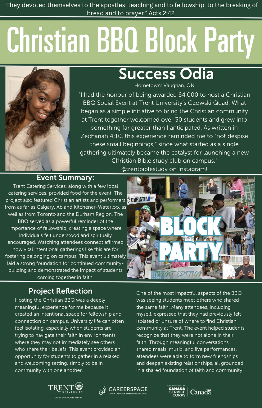 An Impact Microgrant poster titled ‘Christian BBQ Block Party’ describing a student‑led social event that brought together members of the Christian community at Trent University through food, fellowship, and faith‑based connection.