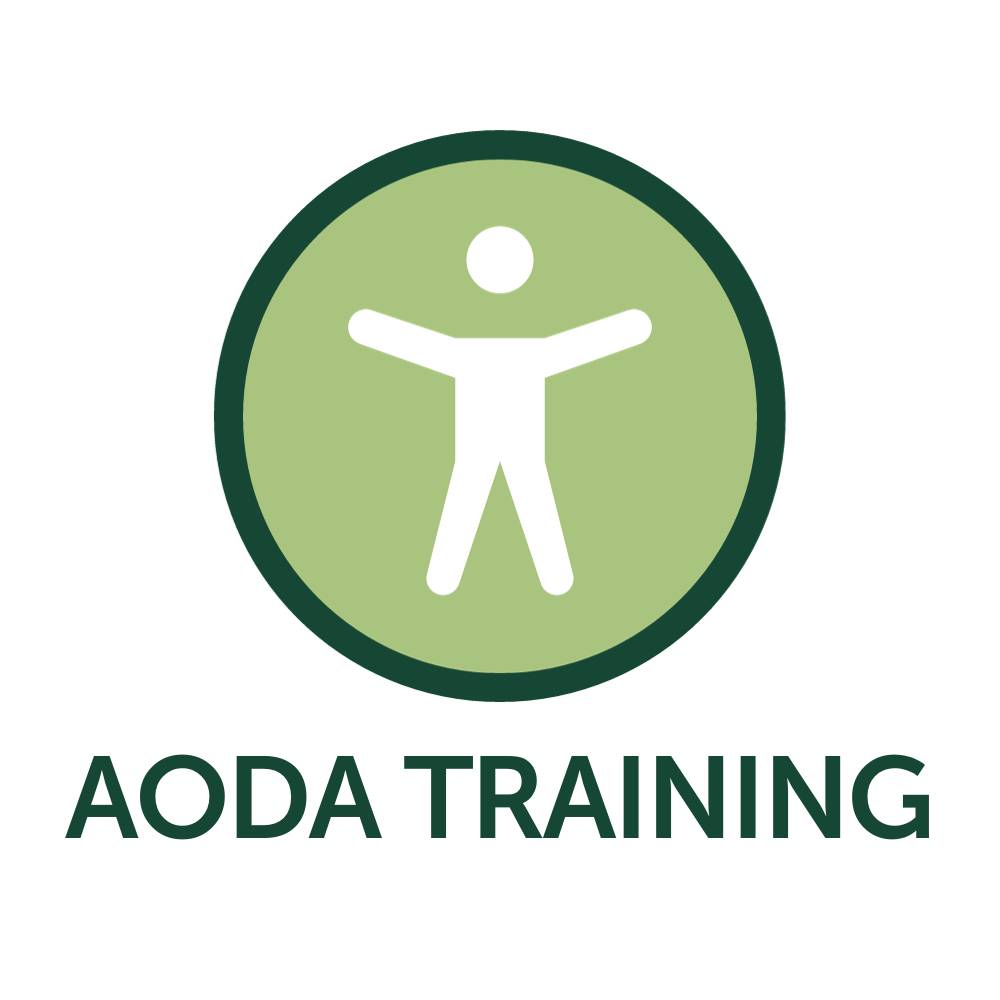 A graphic featuring a stick person in the middle of a circle with their arms raised along with the text - AODA Training.