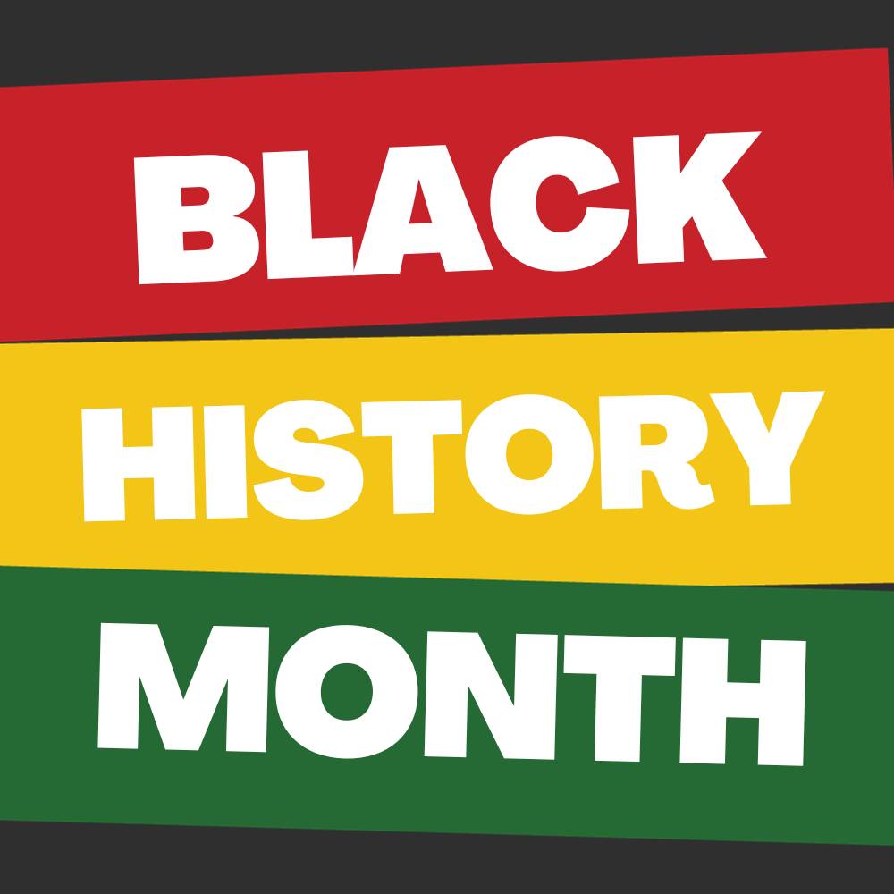 A black background with red, yellow, and green stripes. Overtop is written Black History Month.