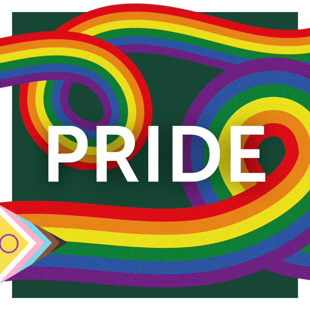 A graphic design with a Trent green background - featuring a stripe of progress pride flag stripes and the word pride.