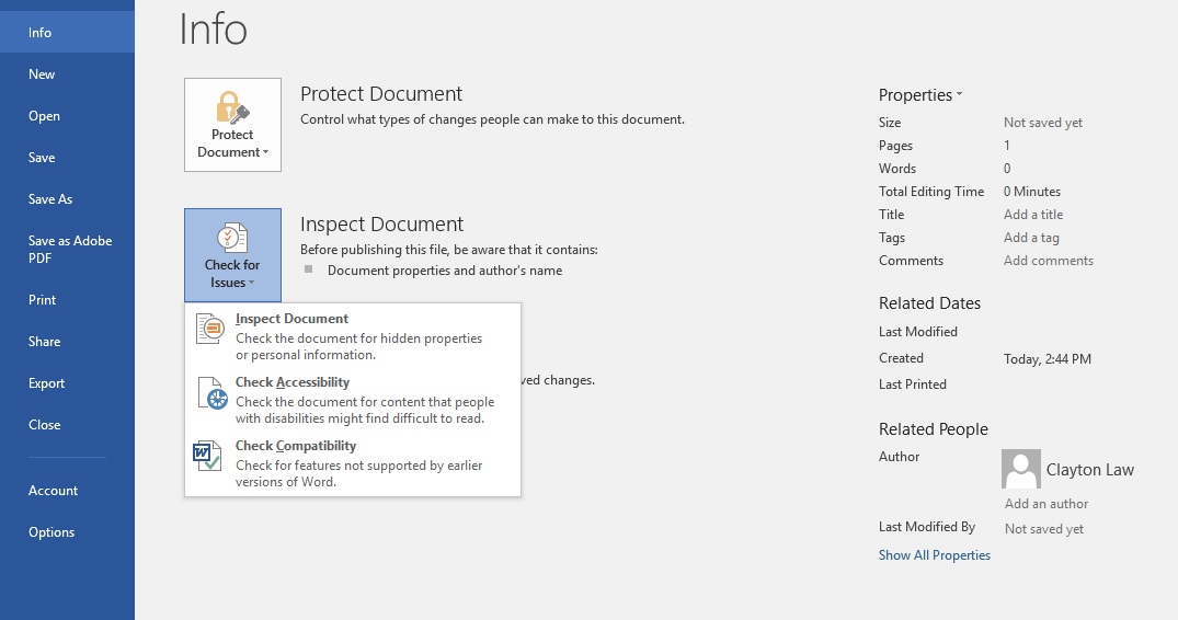 Screen shot of how to access the Accessibility Checker in Microsoft Word